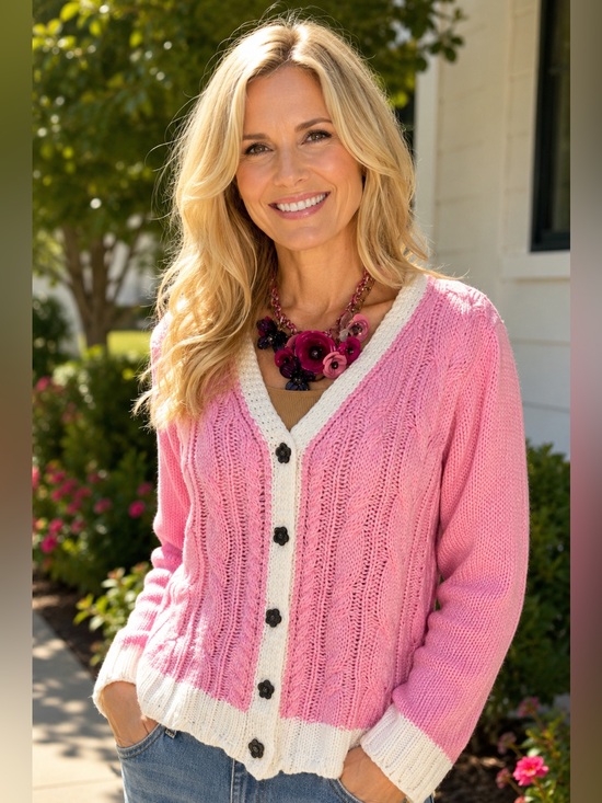 POL Sweaters - POL Large Barbie Pink Cable Knit V-Neck Cardigan Sweater